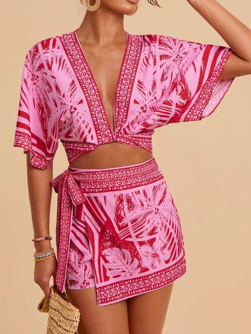 Pink Boho Women's Two Pieces Set Short Sleeve Top And Mini Skirt